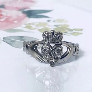 White Gold Irish Claddagh Ring with Diamonds